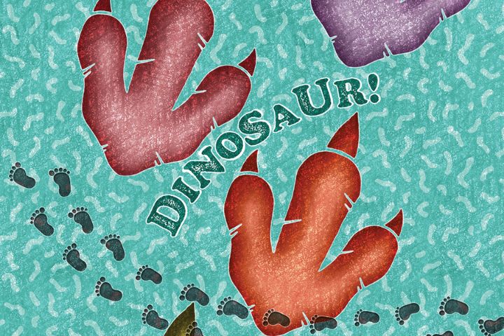 Illustration of large dinosaur footprints and small bird footprints on a textured teal background, with the word "DINOSAUR!" in bold green letters.