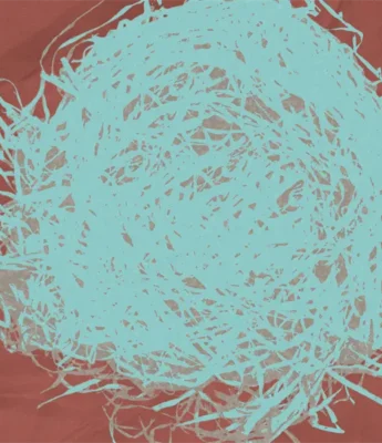 A tangled pile of light blue shredded paper sits on a reddish-brown background.