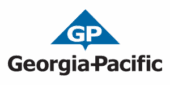 Georgia-Pacific logo featuring a blue triangle with "GP" and the company name "Georgia-Pacific" in bold black text below.