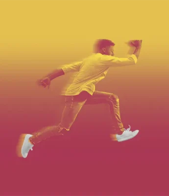 A man in a white shirt and sneakers appears to be running or leaping, with a motion blur effect on a yellow and red gradient background.