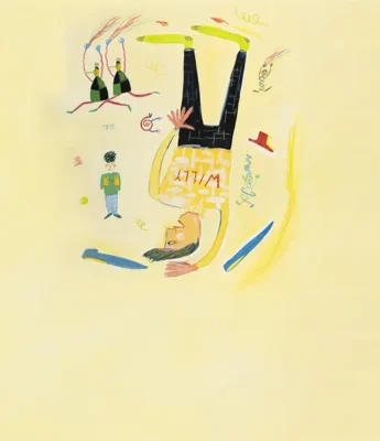 An illustrated person is upside down with yellow shoes, surrounded by abstract shapes, a floating red hat, and small figures on a pale yellow background.