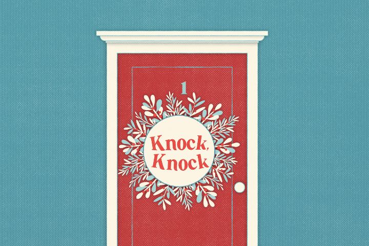 A closed red door with the number 1, decorated with a white wreath and the words "Knock, Knock" in the center, against a blue background.