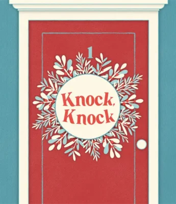 A red door with a white wreath and the words "Knock, Knock" in the center; the door is labeled with the number 1 and has a white frame and door knob.