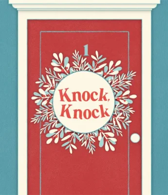 A red door with the number 1, decorated with a white wreath and a sign that reads "Knock, Knock.