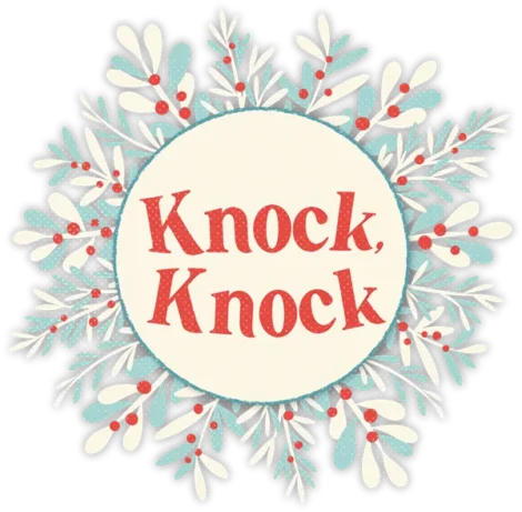 A circular wreath with white leaves, light blue accents, and red berries surrounds a cream center containing the red text "Knock, Knock.