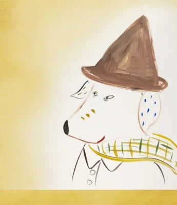Simple drawing of a dog wearing a brown hat, a yellow plaid scarf, and a shirt, set against a light beige background.