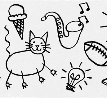 Black and white doodles of a potted flower, ice cream cone, saxophone, sun, fish, cat, football, musical notes, lightbulb, and cowboy boot on a white background.