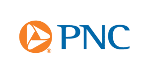 PNC logo featuring an orange circular symbol with three white triangles and the letters "PNC" in blue to the right.