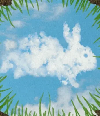 View from the bottom of a hole in the ground, surrounded by grass, looking up at a blue sky with a cloud shaped like a rabbit.