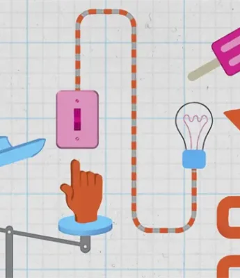 Illustration of a hand about to flip a switch, connected by a striped wire to a lightbulb, with mechanical scoops, a funnel, and a purple popsicle on a grid background.