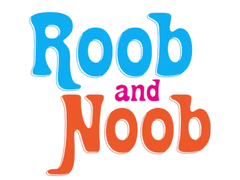 The image shows the text "Roob and Noob" with "Roob" in blue, "and" in pink, and "Noob" in orange, using a playful, uneven font.