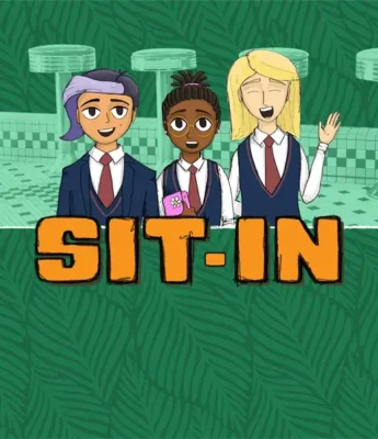 Three animated students in uniforms stand in front of a diner counter, with the text "SIT-IN" in large orange letters below them.