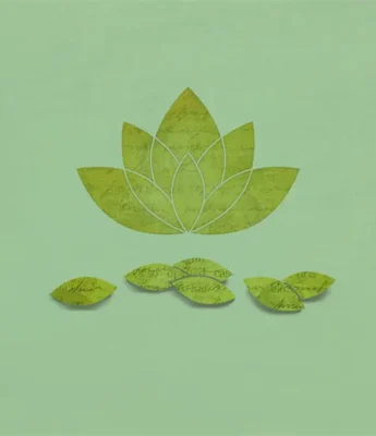 Green lotus flower graphic with layered petals and five detached leaf shapes on a light green background.