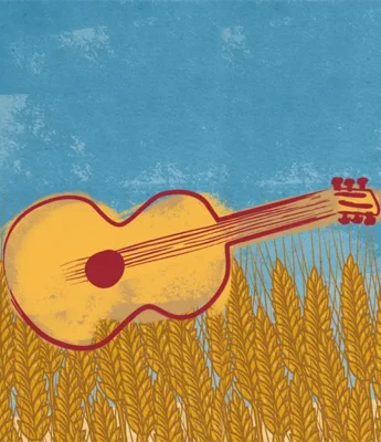 Illustration of a yellow acoustic guitar resting in a golden wheat field under a blue sky.
