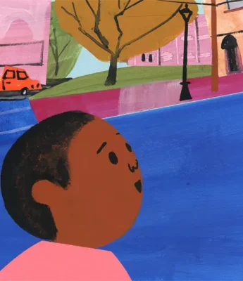 An illustration of a child looking up while walking outdoors, with trees, a streetlamp, two cars, and buildings in the background.