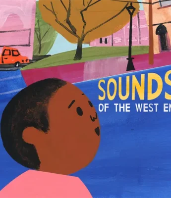 Illustration of a person looking up on a blue street, with trees, buildings, cars, and the text "SOUNDS OF THE WEST END" in bold yellow and white letters.