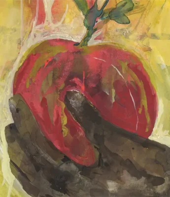 A painted image of a dark brown hand grasping a red apple with green leaves against a yellow background.