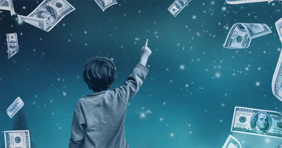 A child points upward toward a night sky filled with floating US dollar bills amidst stars.
