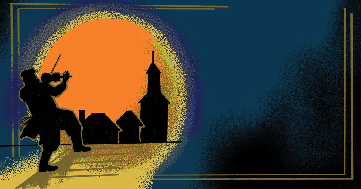 Silhouette of a violinist playing near houses and a church steeple, with a large orange sun in the background on a dark blue and yellow gradient sky.