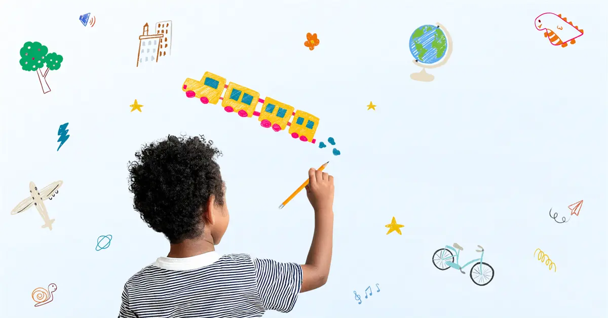 A child with curly hair draws on a white wall covered with colorful doodles, including a train, globe, bicycle, plane, and stars.