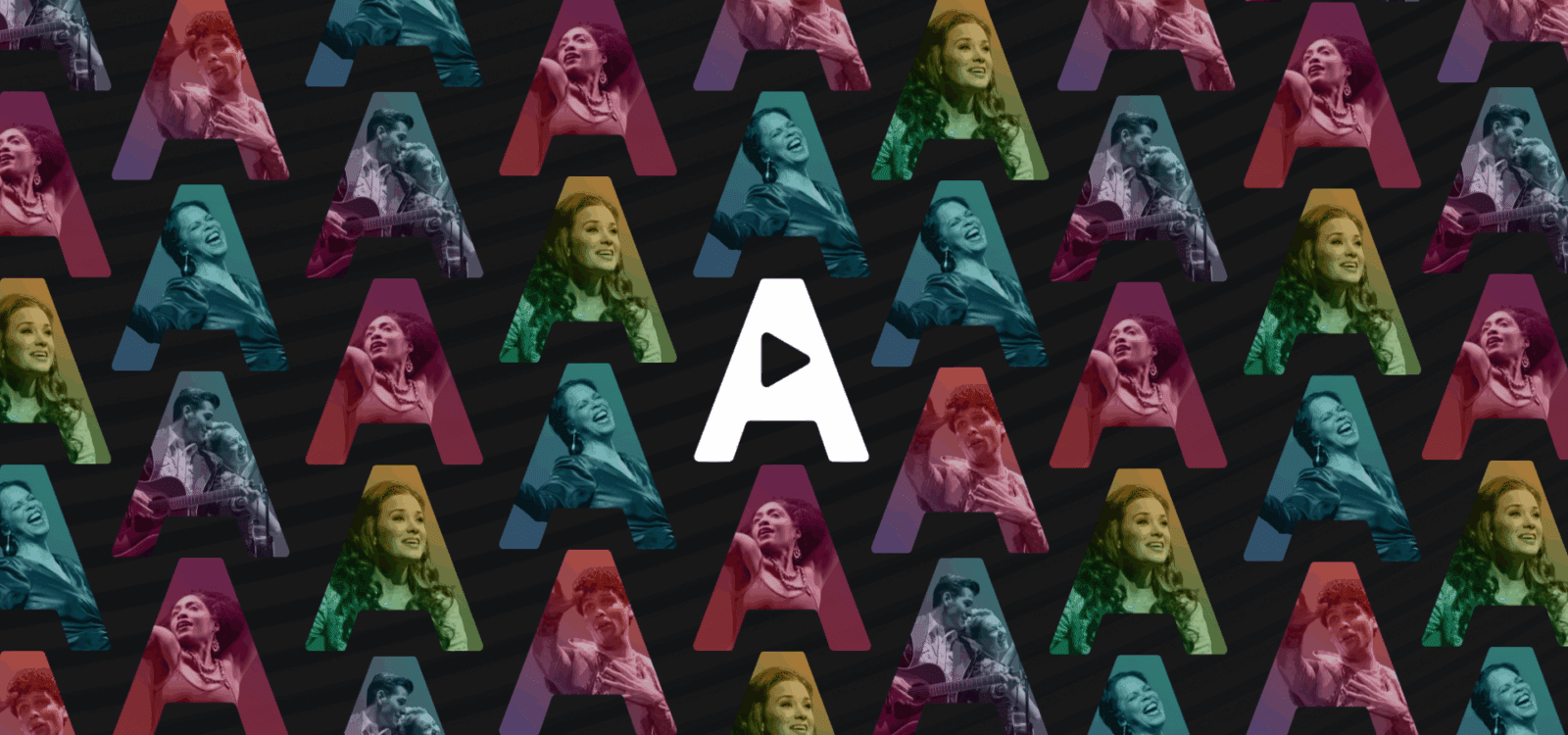 Pattern of colorful letter "A" shapes each containing a person singing or performing in a production streamed on Alliance Theatre Anywhere, with a large white "A" and play button symbol in the center.