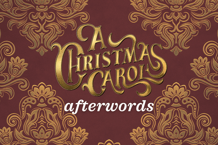 CAROL Afterwords Ornate gold lettering spells "A Christmas Carol" above the word "afterwords" on a red background with a decorative gold floral pattern.