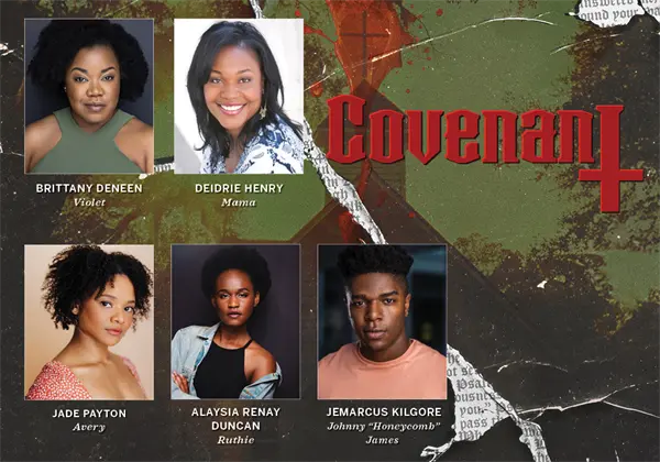 A promotional image for "Covenant" featuring five cast members' headshots with their names and character names displayed on a textured background.