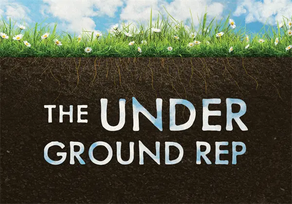 Text "The Underground Rep" is shown partly below soil with grass and flowers above ground against a blue sky with clouds.