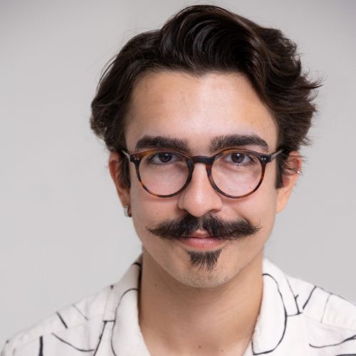 A person with wavy dark hair, round glasses, and a styled mustache is looking at the camera. They are wearing a light-colored shirt with a black line pattern.