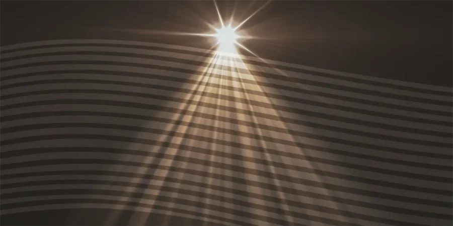 A bright white light shines downward, creating multiple rays and shadows across a dark, wavy striped background.