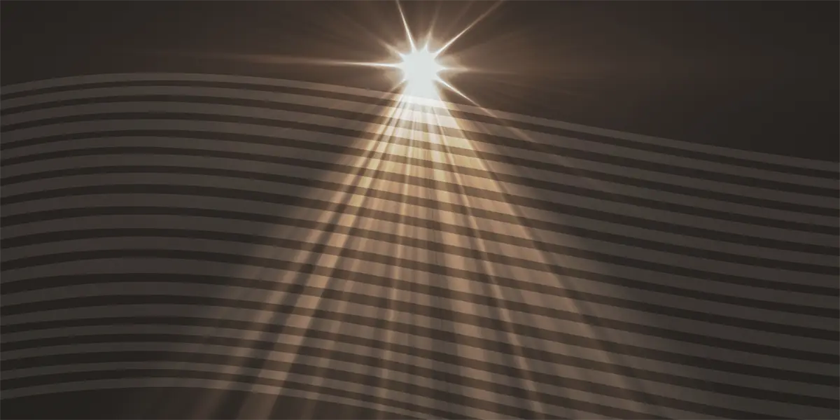 A bright white light shines downward, creating multiple rays and shadows across a dark, wavy striped background.