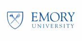 Emory University logo featuring a shield with two crossed torches on the left and the text "EMORY UNIVERSITY" in blue on the right.