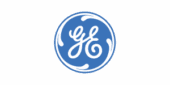 Blue and white General Electric (GE) logo with stylized cursive letters "GE" inside a circular design.