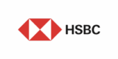 HSBC logo featuring a red hexagon emblem with a white hourglass shape inside, next to the black letters "HSBC" on a light background.