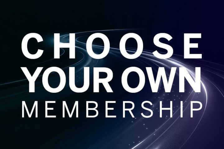 White text on a dark abstract background reads, "Choose Your Own Membership," with curved light streaks for visual emphasis.