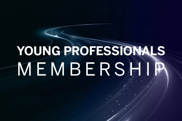 Text "Young Professionals Membership" over a dark background with glowing, curving light trails.