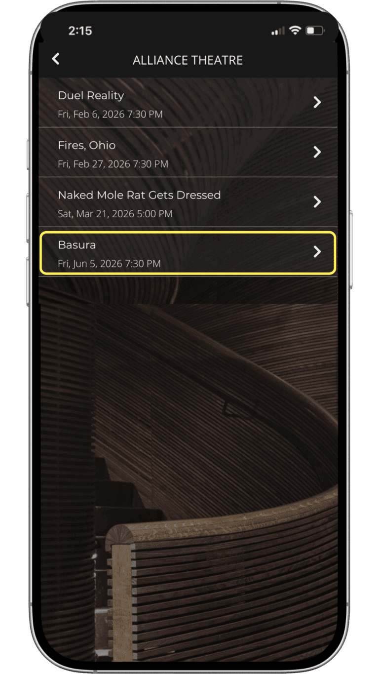 Performance Listing – A smartphone screen displays a theater app showing a list of upcoming performances and dates at Alliance Theatre, with “Basura” on June 5, 2026, highlighted.