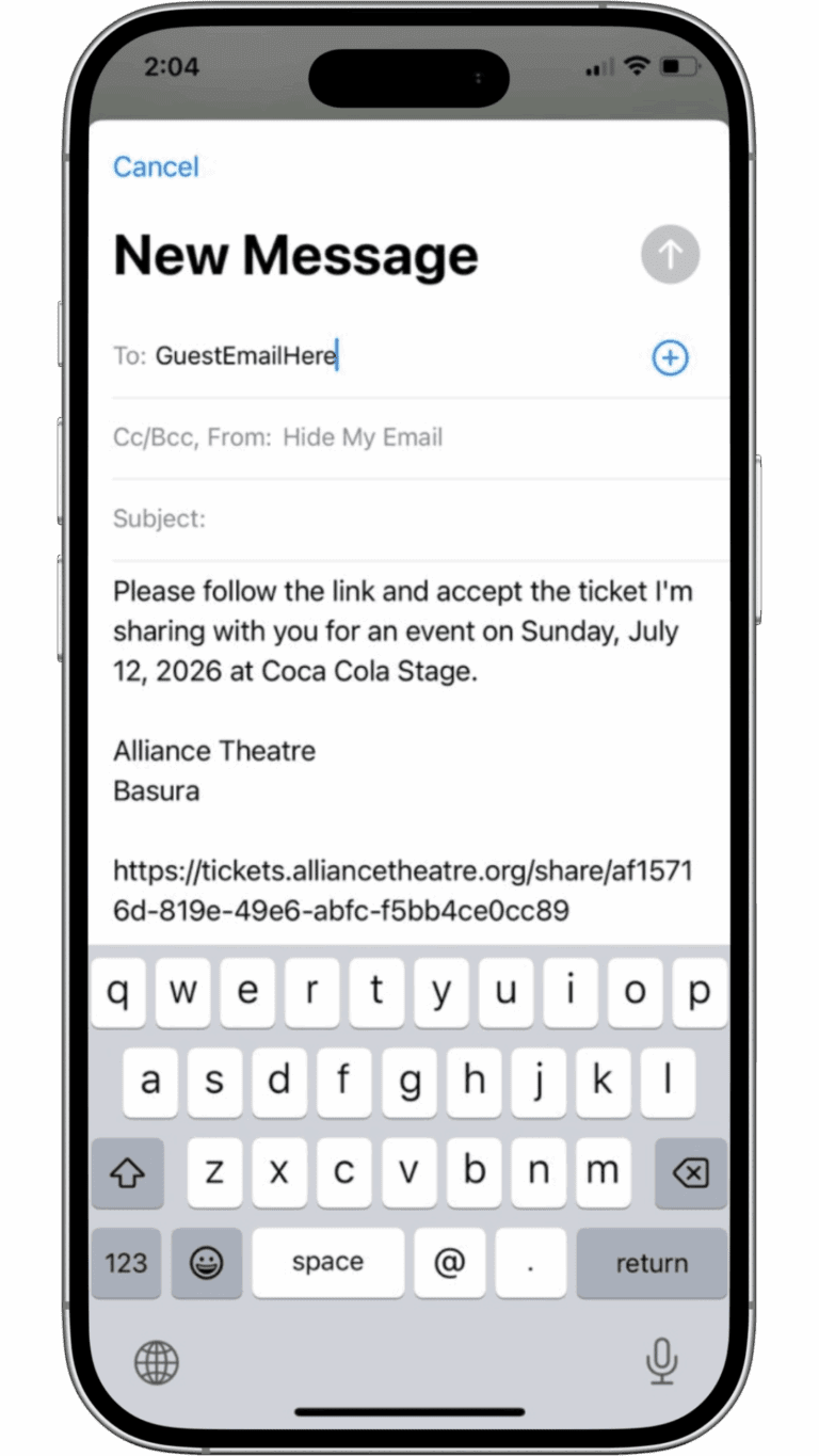 A smartphone screen displays a draft email sharing an event ticket link for Sunday, July 12, 2026, at Coca Cola Stage, Alliance Theatre. The ticket link appears below the event details.