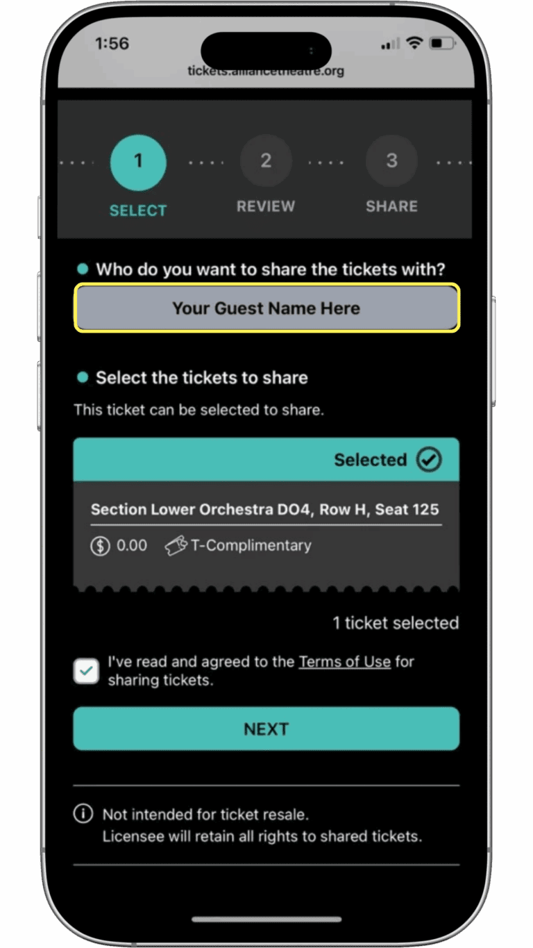 A phone screen shows a ticket-sharing interface with one orchestra seat ticket selected and a field to enter a guest name. The “NEXT” button is visible at the bottom.
