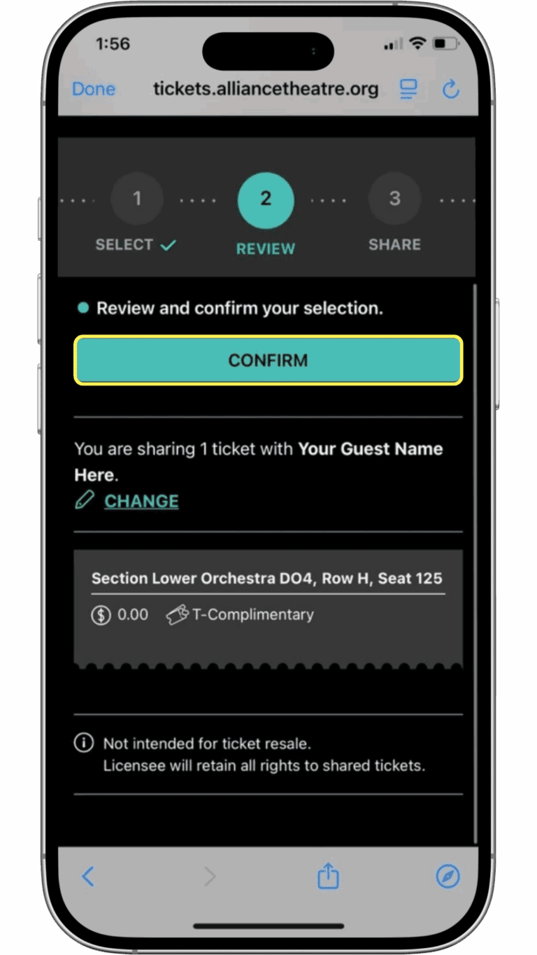 A phone screen displays a theatre ticket confirmation page. One complimentary ticket is selected for review, showing section and seat details, with a "CONFIRM" button highlighted.