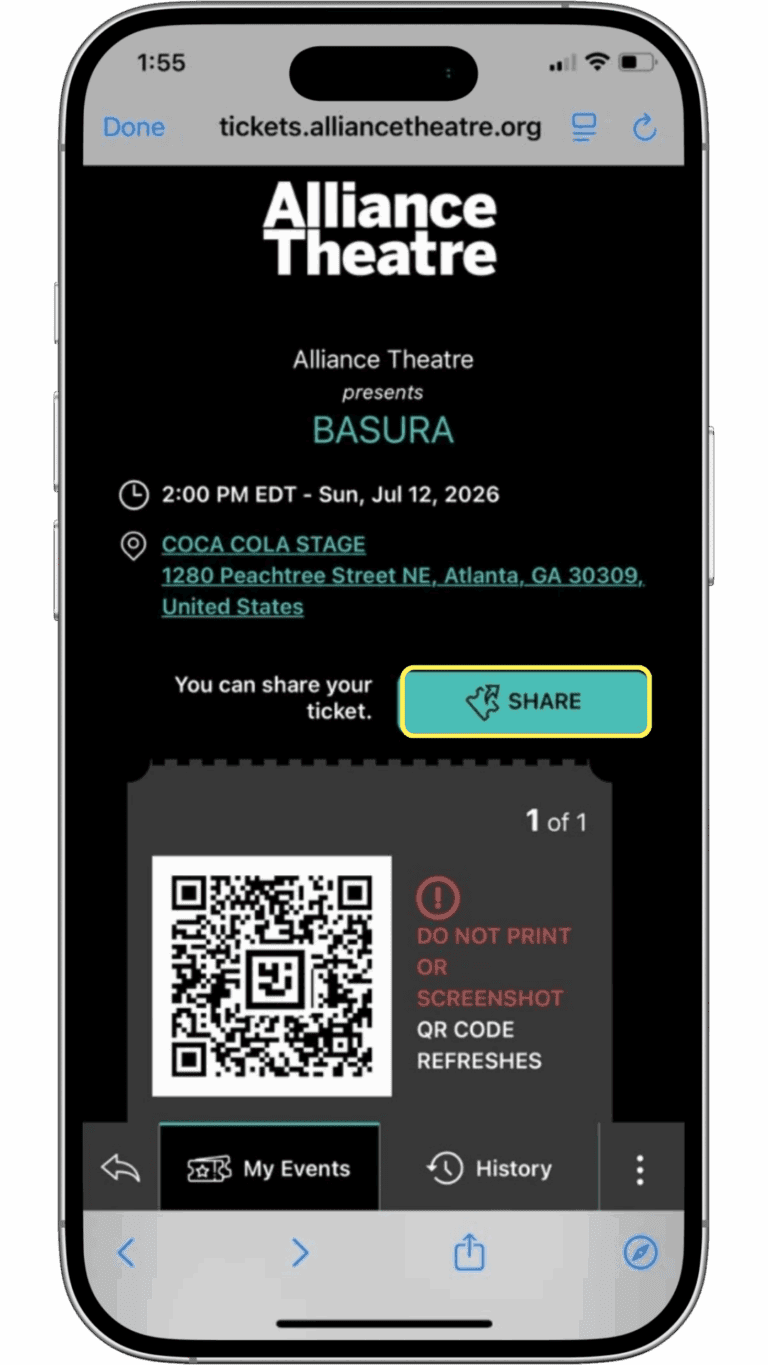 A digital ticket for "BASURA" at Alliance Theatre on July 12, 2026, 2:00 PM, at Coca Cola Stage, showing a QR code and a share button on a phone screen.