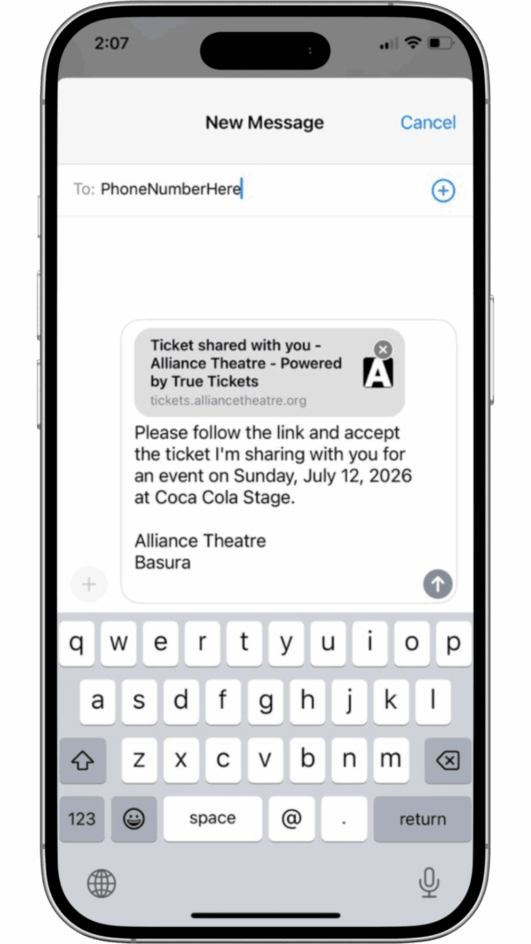 A smartphone screen displays a text message draft sharing an Alliance Theatre ticket for an event on July 12, 2026, at Coca Cola Stage, with a keyboard visible at the bottom.