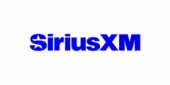 The SiriusXM logo in bold blue letters on a light gray background. The "S" contains a star and radio wave design.