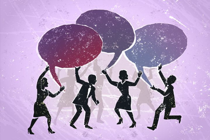 Four silhouetted people hold up large speech bubbles, appearing to engage in animated conversation, against a textured purple background.
