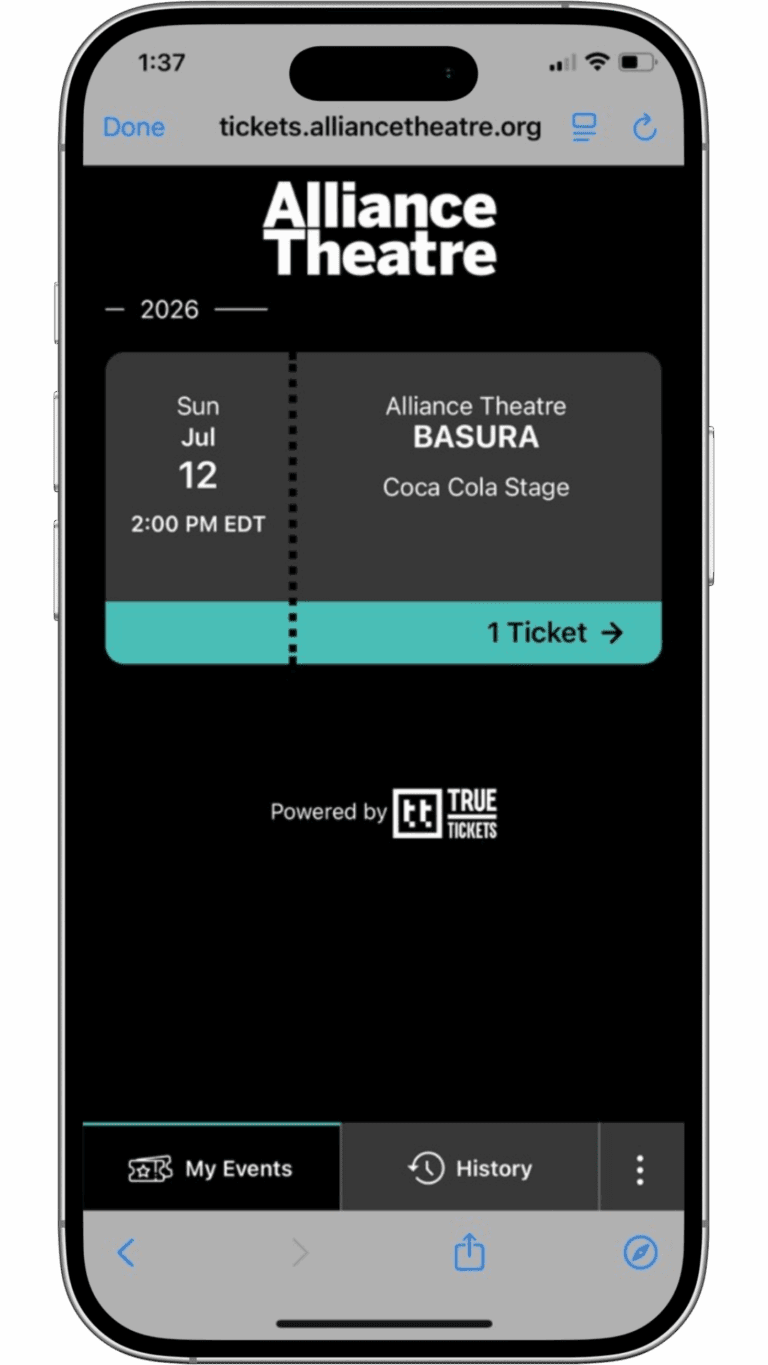 A mobile e-ticket for the play "Basura" at Alliance Theatre, Coca Cola Stage, on July 12, 2026, at 2:00 PM EDT; 1 ticket shown on a smartphone screen.