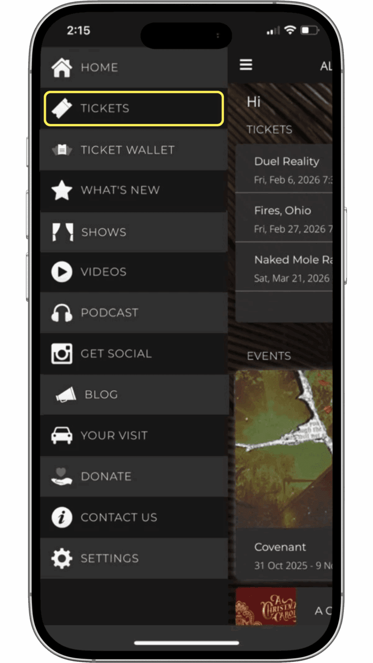 Tickets Tab – A smartphone displays an app menu with options such as Home, Tickets, Ticket Wallet, Shows, Videos, Podcast, Blog, Donate, Contact Us, and Settings.
