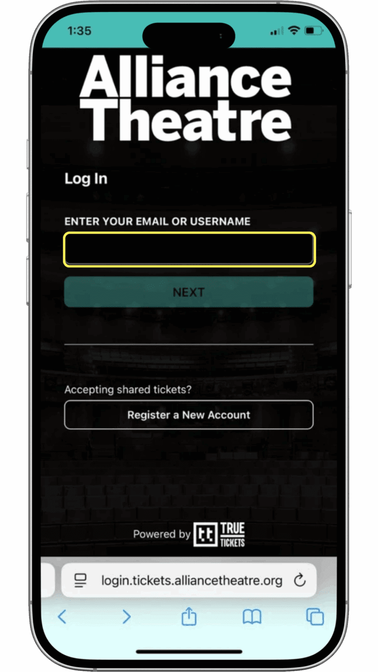 A smartphone screen displays a login page for Alliance Theatre, prompting the user to enter their email or username with options to register or accept shared tickets.