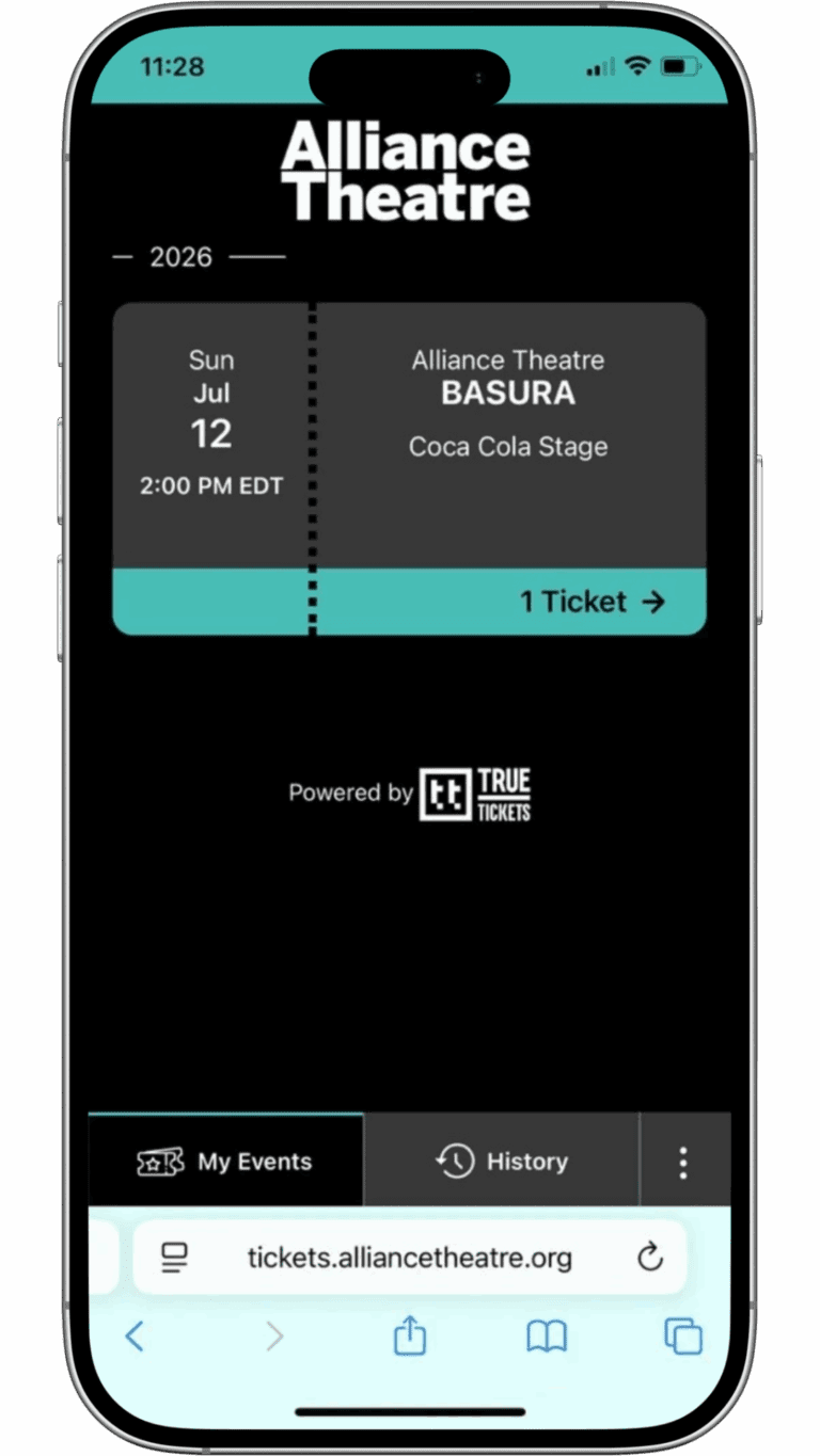A smartphone screen displays a digital ticket for "BASURA" at Alliance Theatre, Coca Cola Stage, on Sunday, July 12, 2026, at 2:00 PM EDT. One ticket is shown.