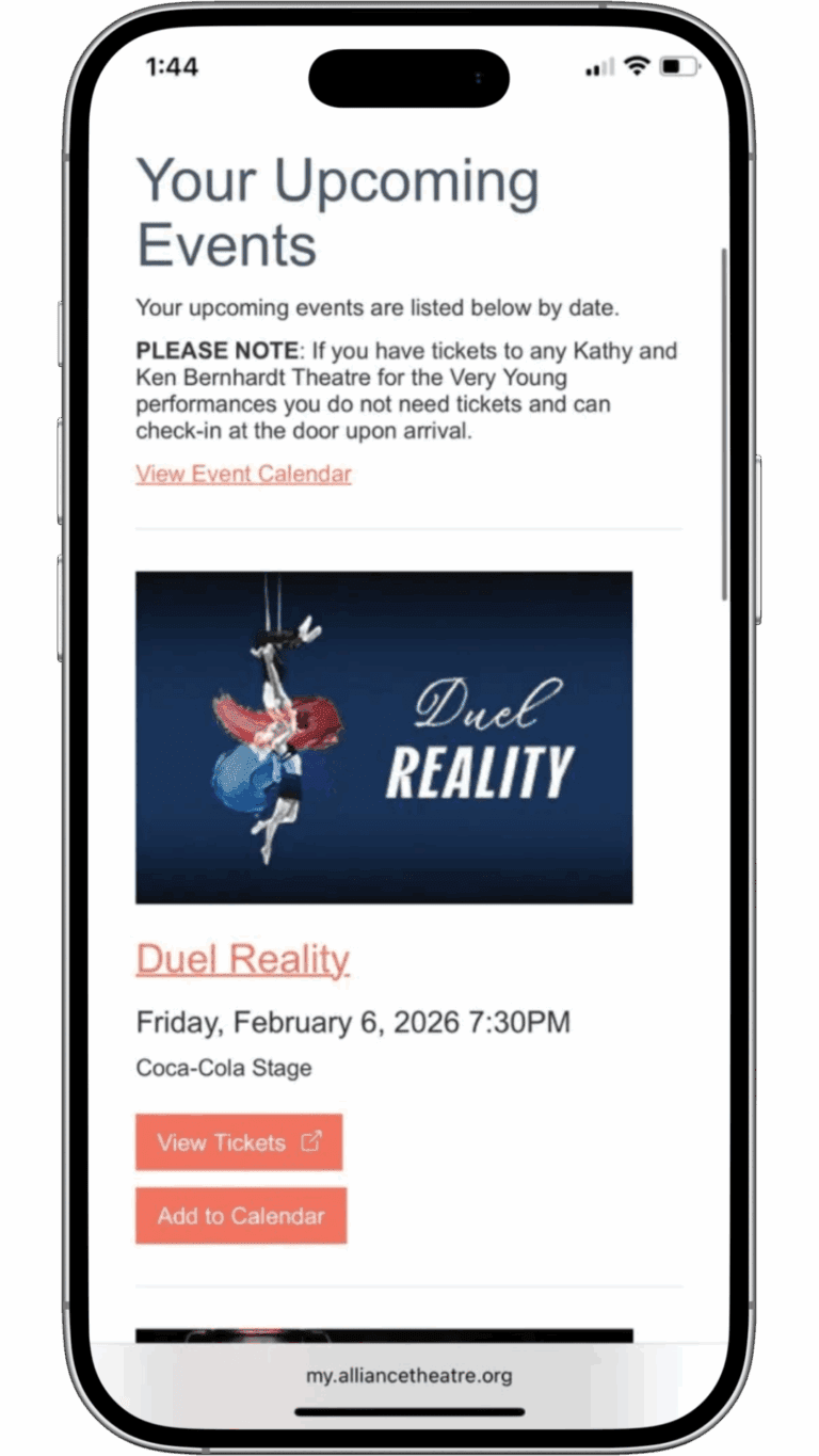 A smartphone displays an event listing for "Duel Reality" on Friday, February 6, 2026, at 7:30 PM, with buttons to view tickets and add to calendar.
