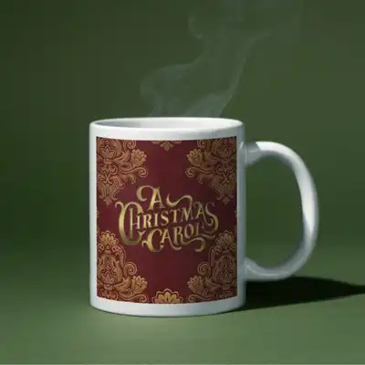 White mug with ornate red and gold design featuring the text "A Christmas Carol," against a green background with visible steam rising from the mug.
